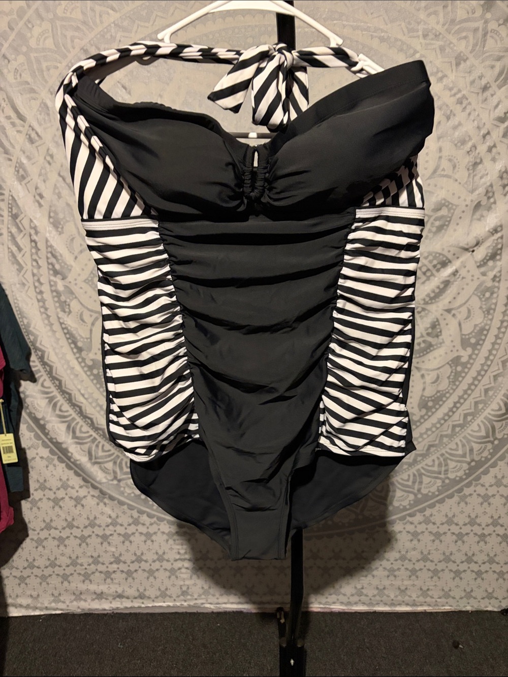 One Piece Swimsuit 3X NWT Black White Striped Ruched Halter